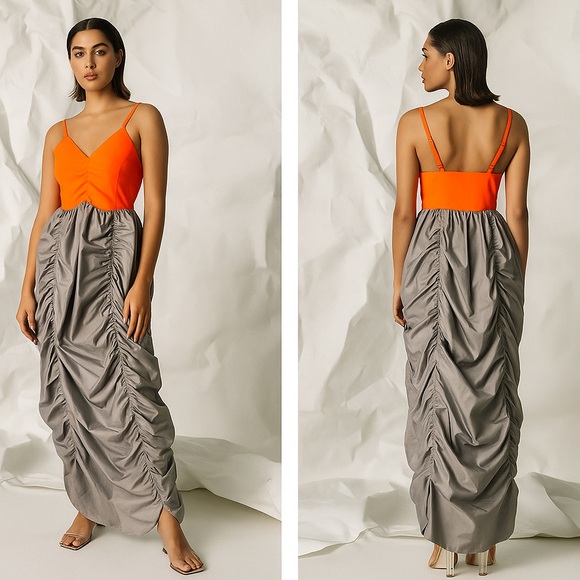 LUSIFER x MO&CO Ruched Nylon Parachute Maxi Dress Gray Neon Orange Size Small - Picture 2 of 16